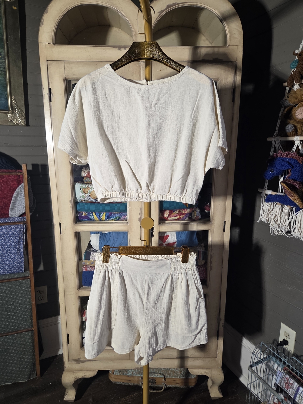 Women's Cream Two-Piece Romper Set - Short Sleeve Crop Top & Shorts